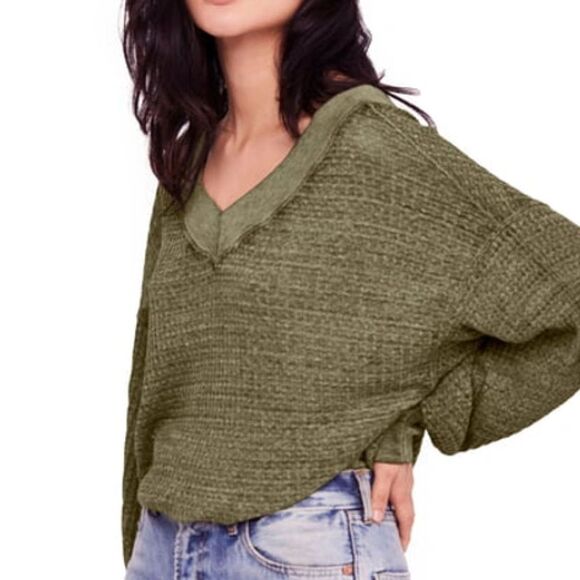 Free People South Side V-Neck Thermal Top in Moss - Picture 1 of 7